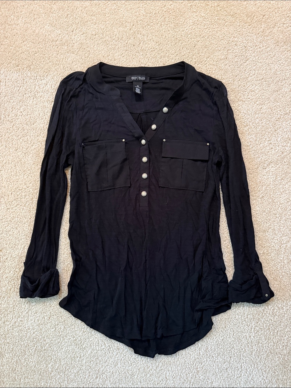 White House Black Market Black Long-Sleeve Button Henley Top